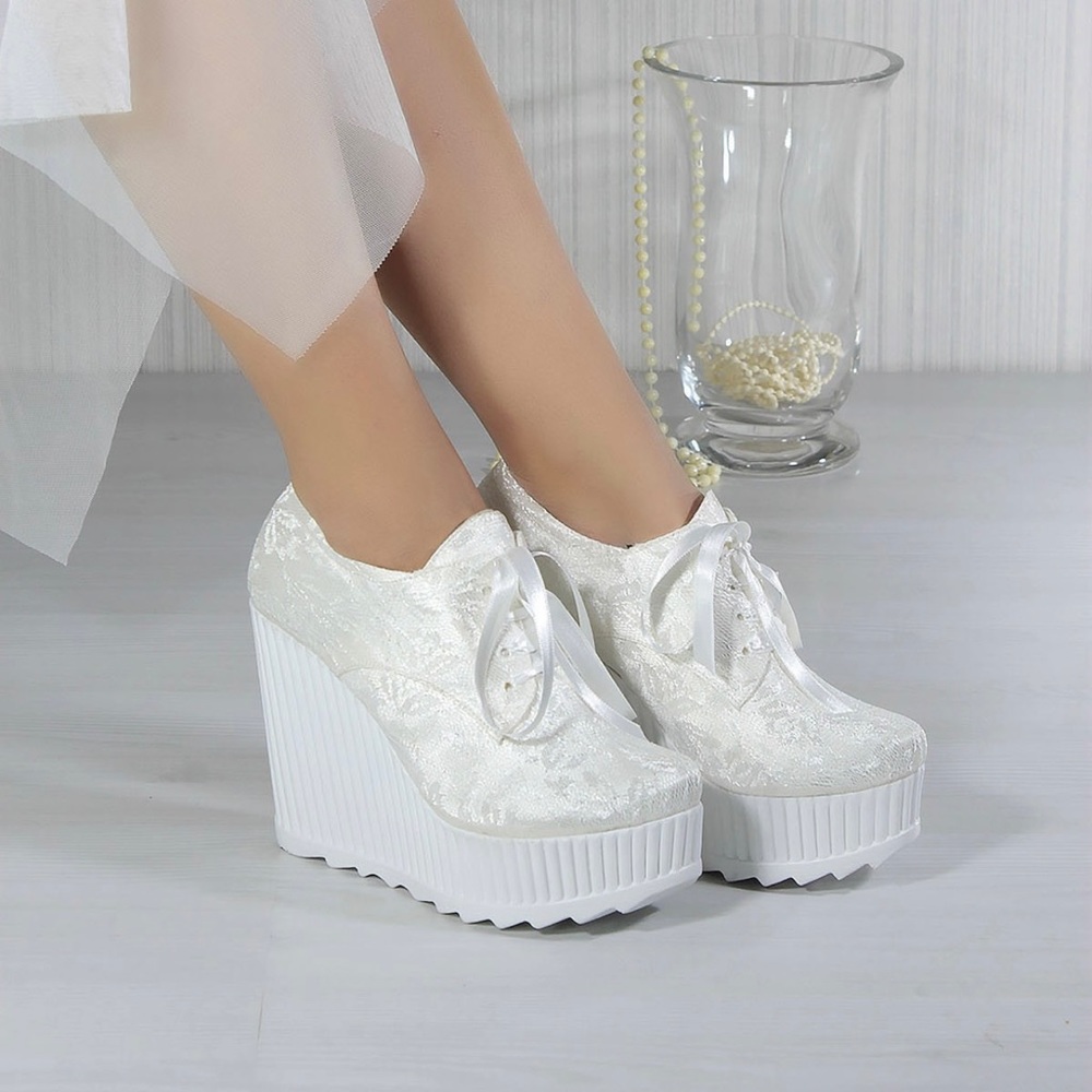 Women Bridal Wedding Comfort Lace Shoes Sneakers High Heals White